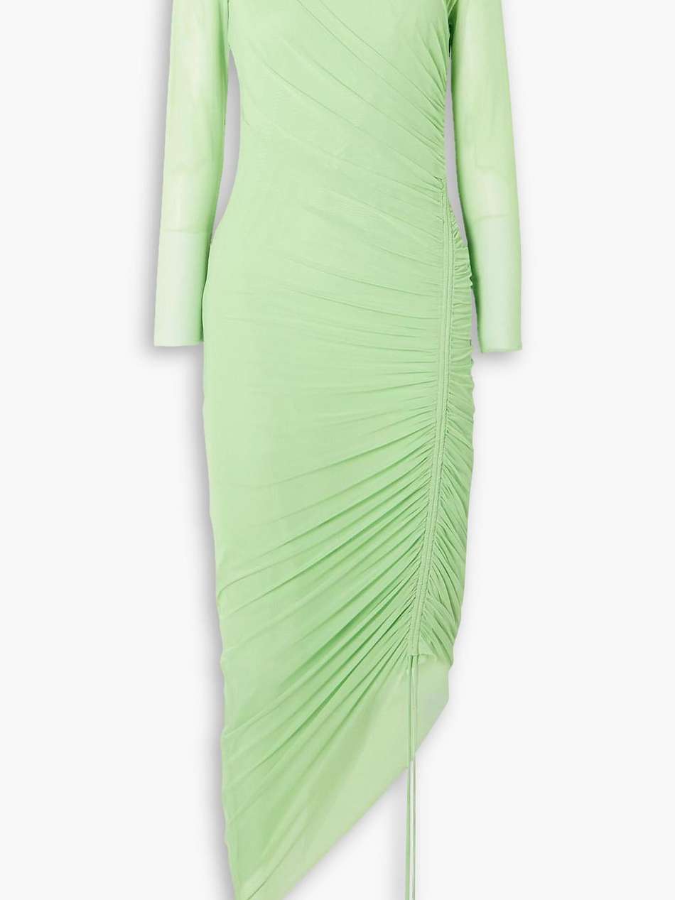 ruched asymmetric jersey and stretch-mesh midi dress