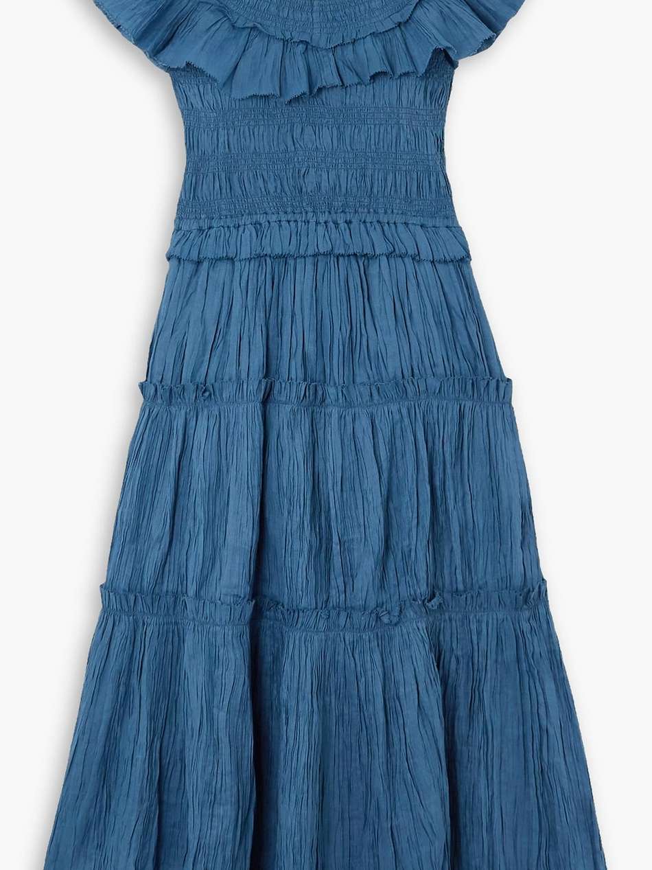 micah ruffled shirred ramie midi dress