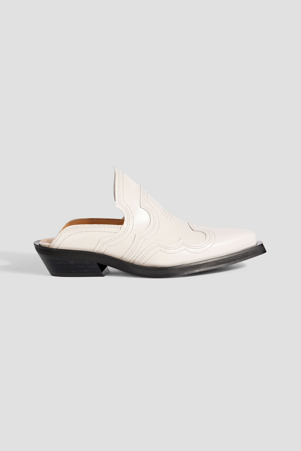 Ganni White Embroidered Western Mules In Ecru