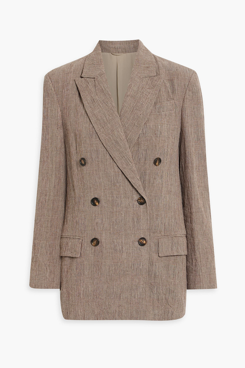 Brunello Cucinelli Double-breasted Prince Of Wales Checked Linen Blazer In Brown