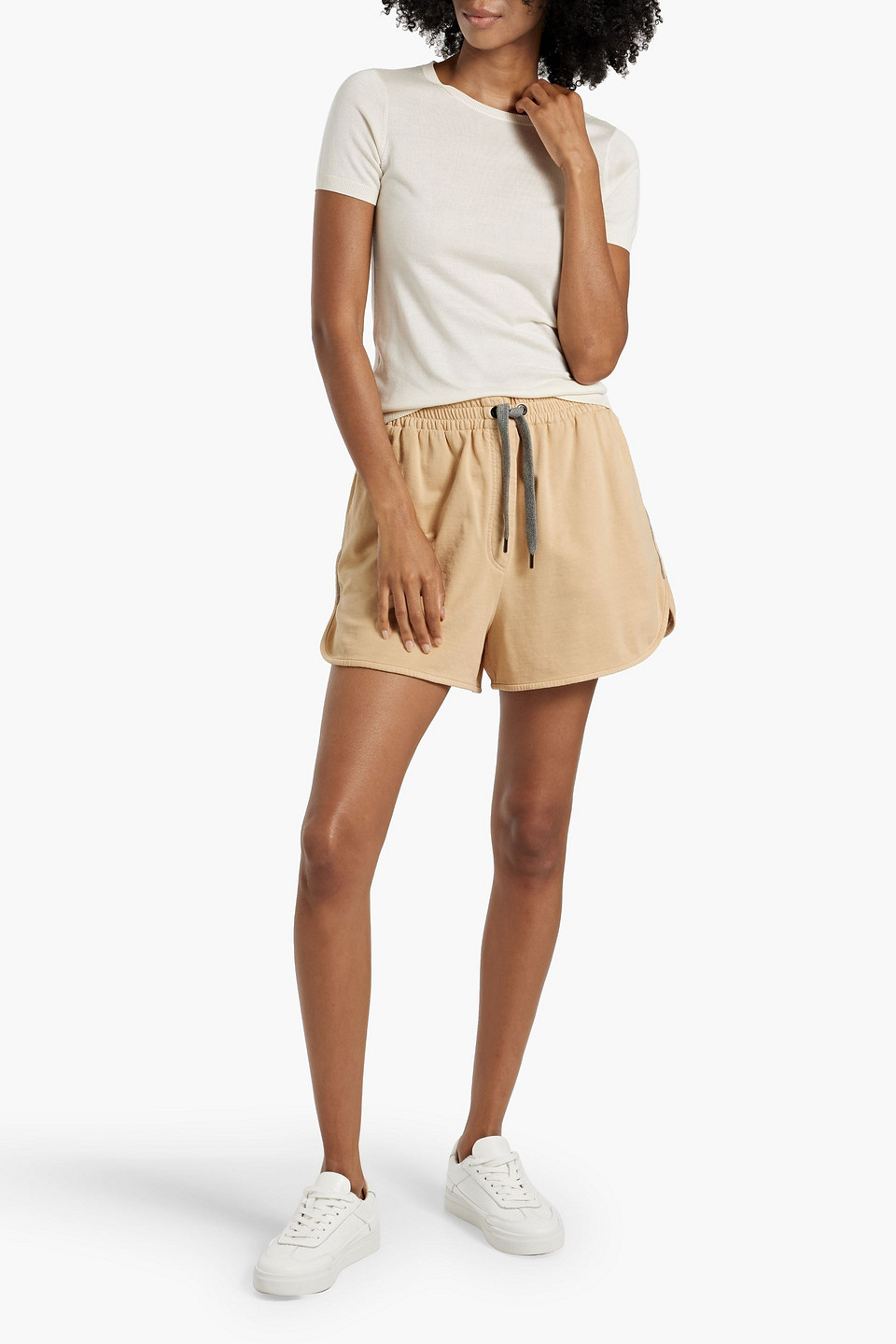 Shop Brunello Cucinelli Bead-embellished French Cotton-terry Shorts In Beige