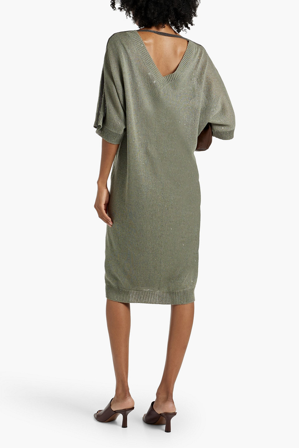 BRUNELLO CUCINELLI EMBELLISHED LINEN AND SILK-BLEND MIDI DRESS