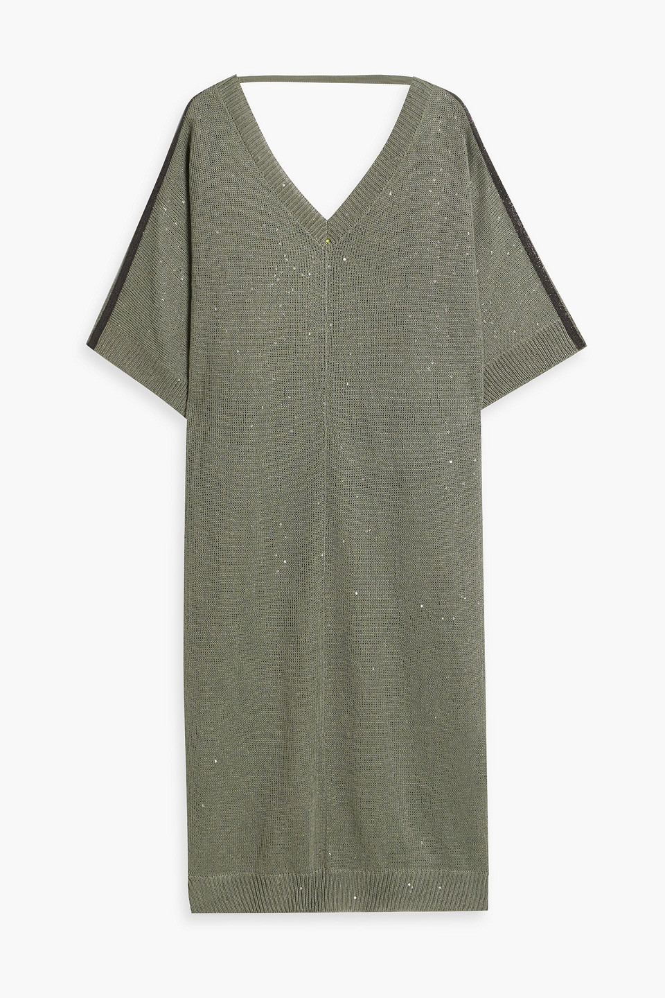 Brunello Cucinelli Embellished Linen And Silk-blend Midi Dress In Grey Green