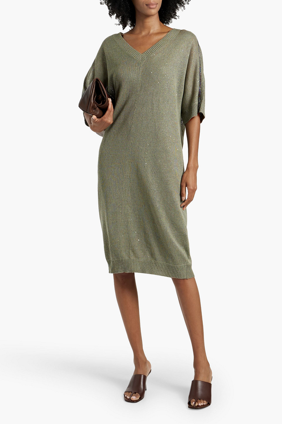BRUNELLO CUCINELLI EMBELLISHED LINEN AND SILK-BLEND MIDI DRESS