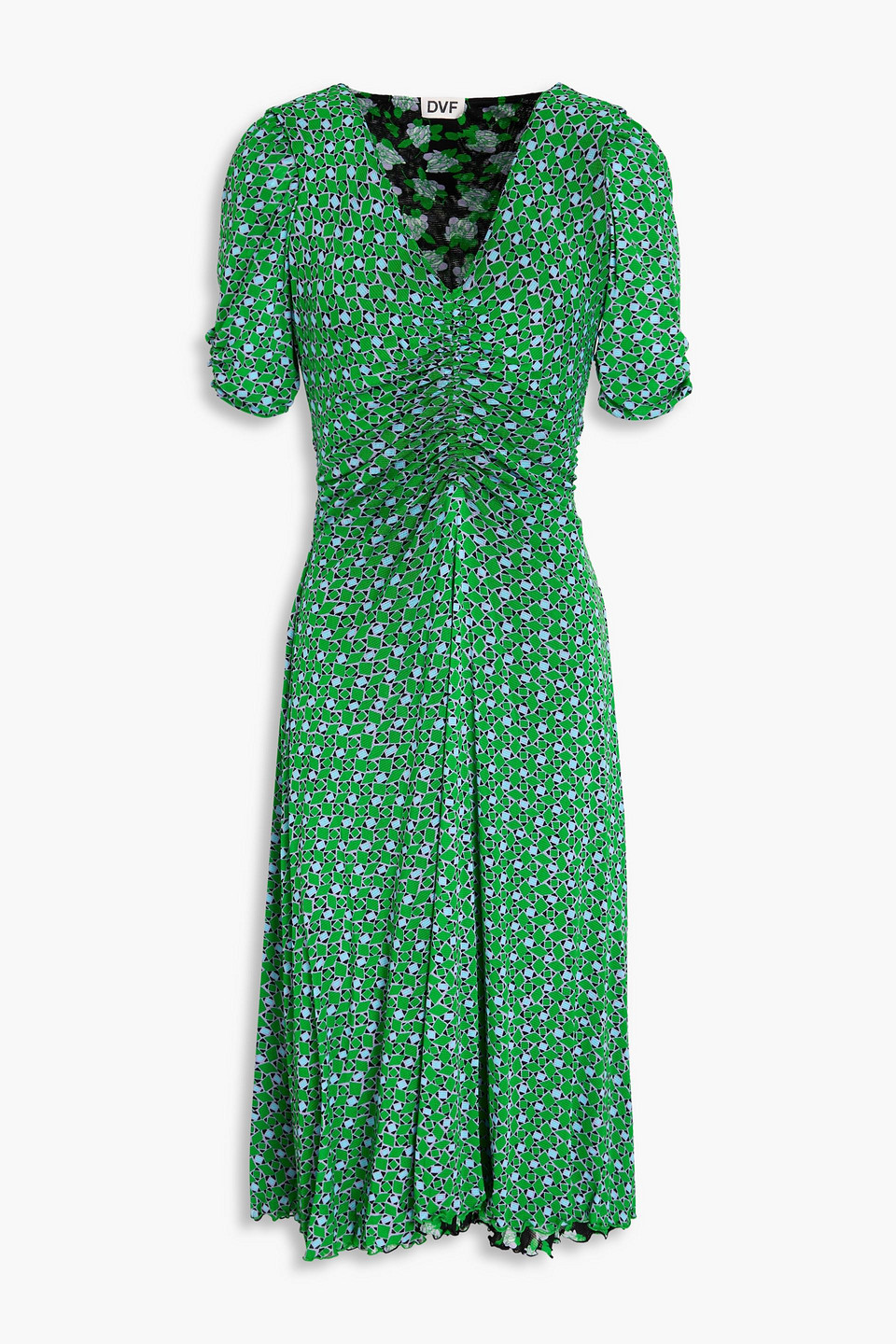 Diane Von Furstenberg Ruched Floral-print Stretch-mesh Midi Dress In Black