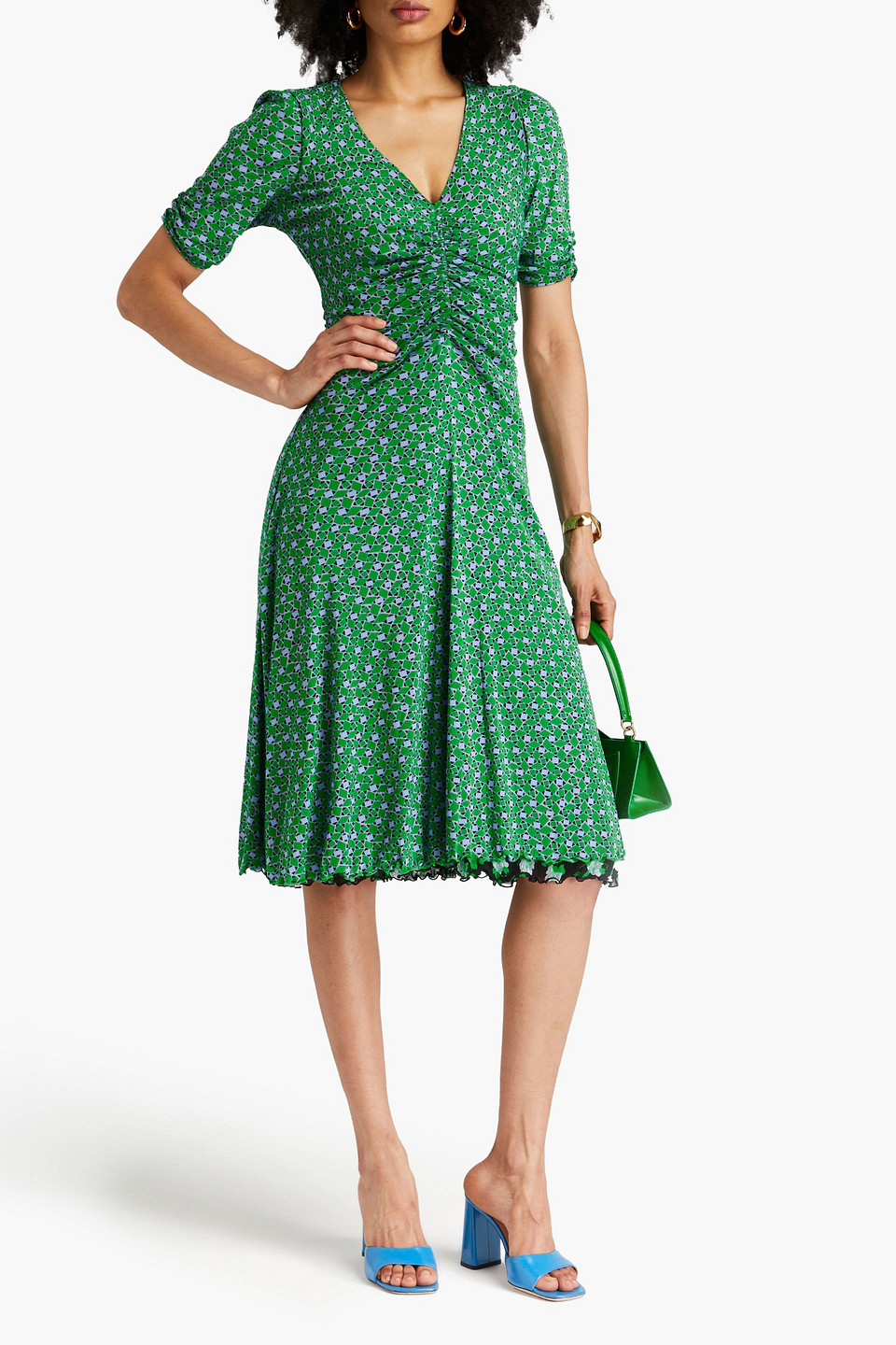 Diane Von Furstenberg Ruched Floral-print Stretch-mesh Midi Dress In Black