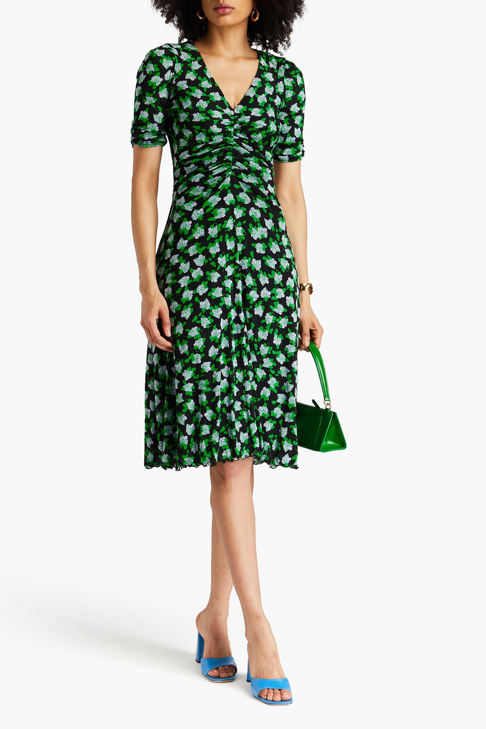 Diane Von Furstenberg Ruched Floral-print Stretch-mesh Midi Dress In Black