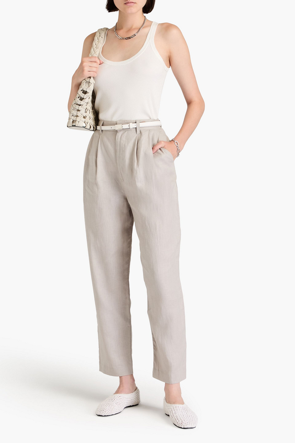 Enza Costa Pleated Linen Tapered Pants In Stone