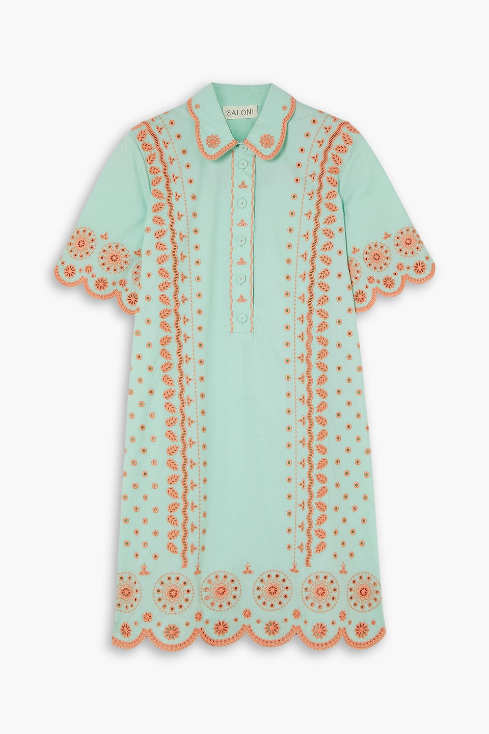 Saloni Dree Scalloped Broderie Anglaise Cotton-poplin Mini Shirt Dress In Mint