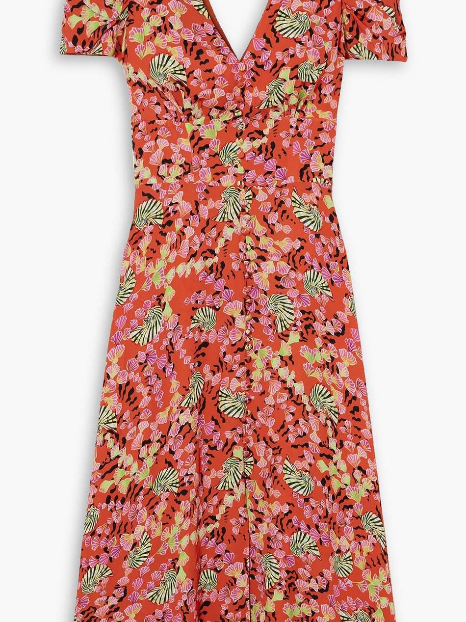 margot button-embellished printed crepe de chine midi dress