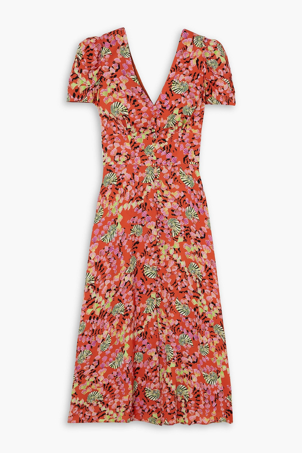 Saloni Margot Button-embellished Printed Crepe De Chine Midi Dress In Papaya
