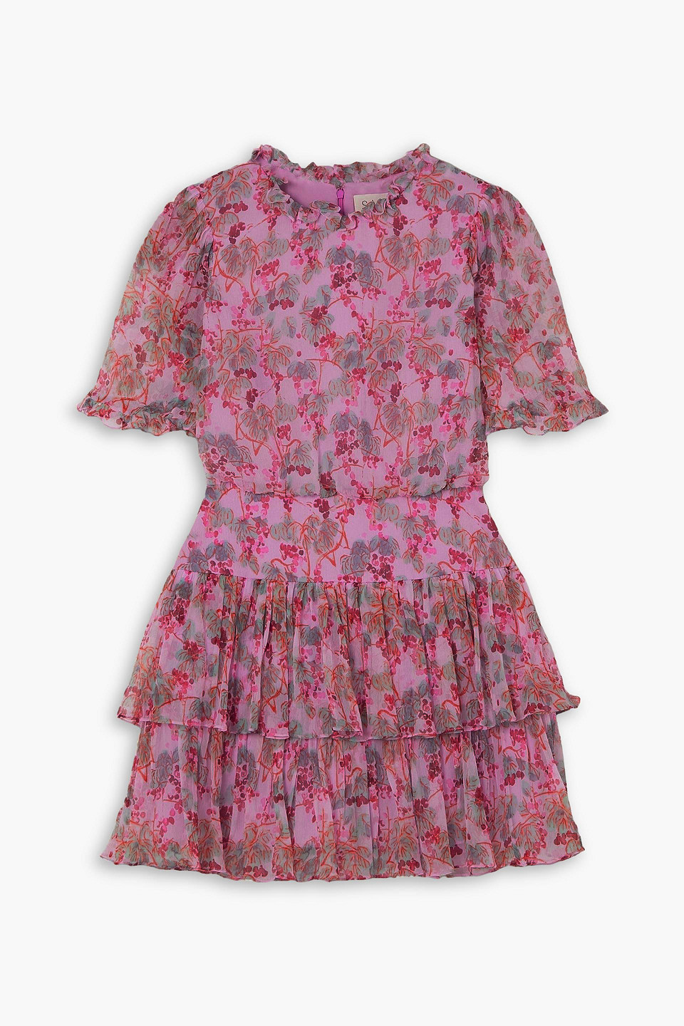 Saloni Ava Tiered Floral-print Silk-crepon Mini Dress In Violet