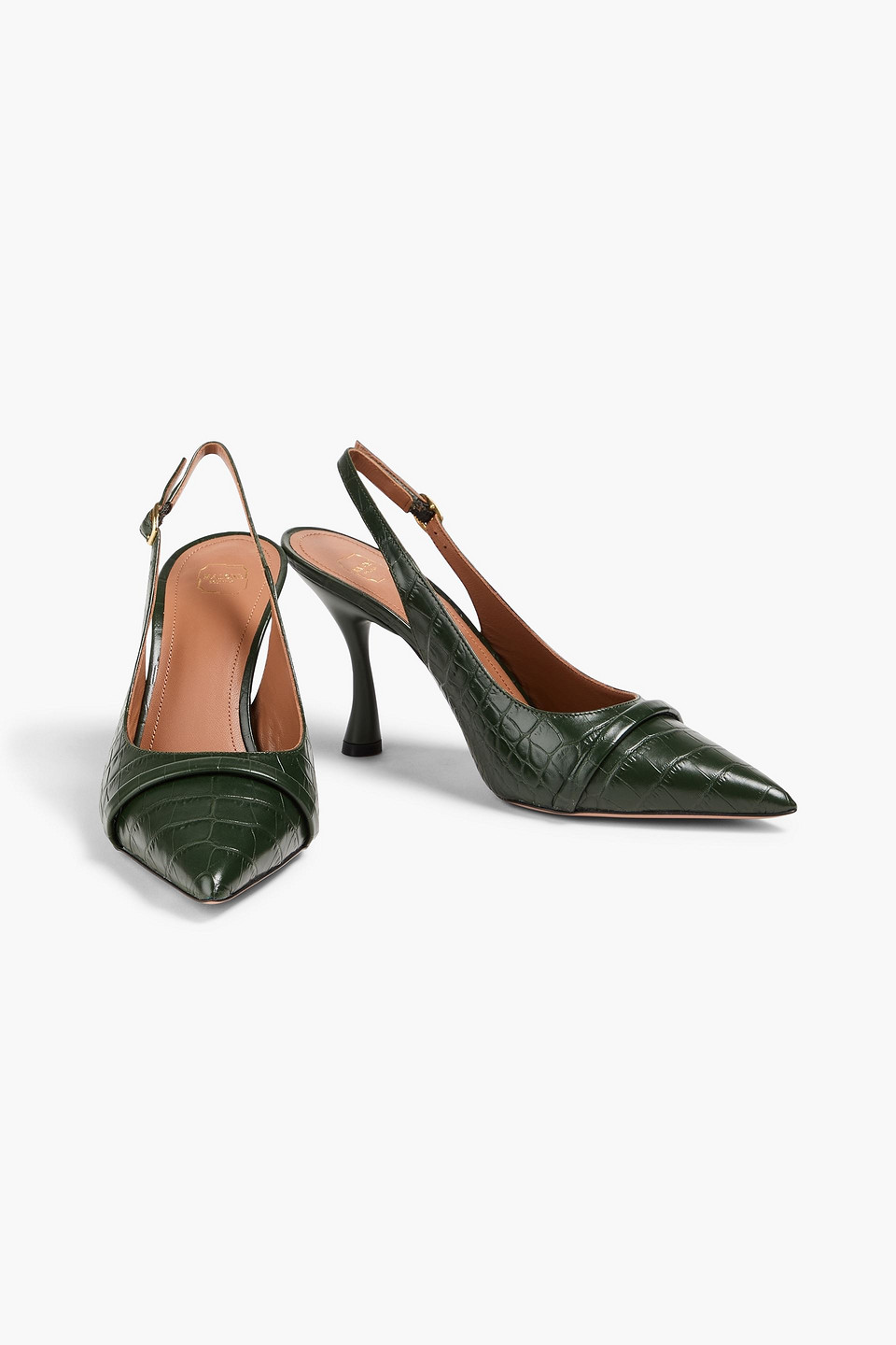 Shop Malone Souliers Jama 90 Croc-effect Leather Slingback Pumps In Forest Green
