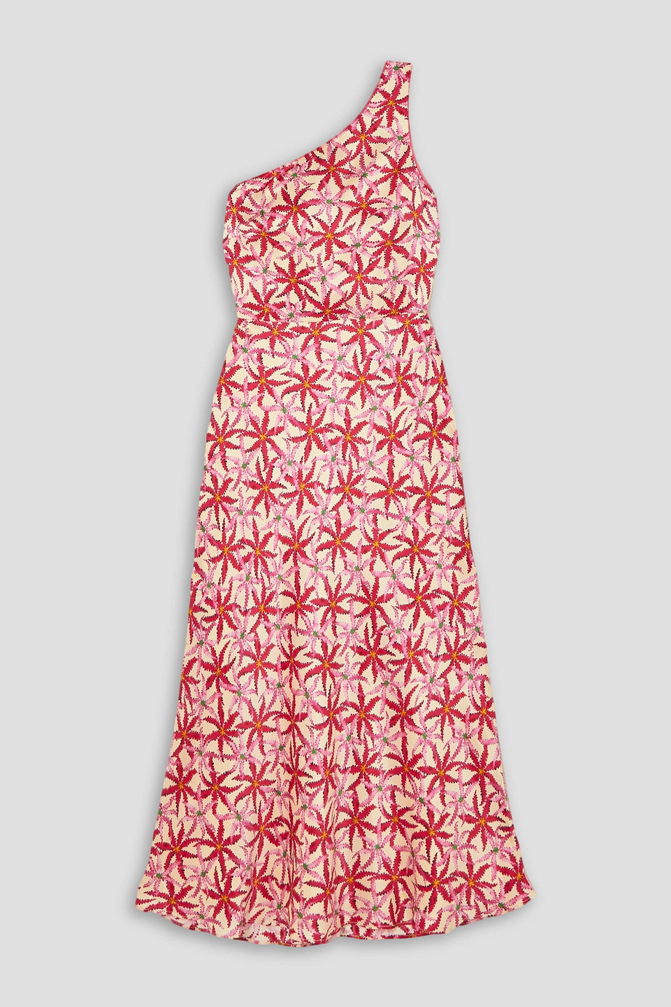 Saloni Justine One-shoulder Printed Silk-satin Midi Dress In Cream