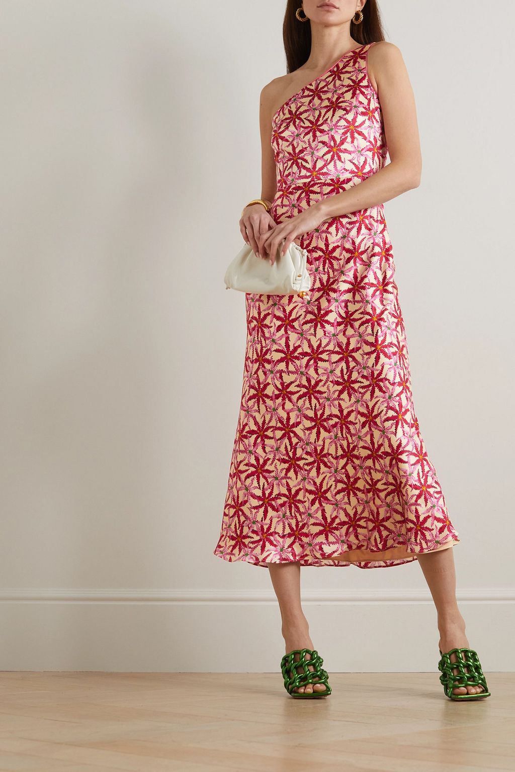 Justine one shoulder printed silk satin midi dress cream UK 10