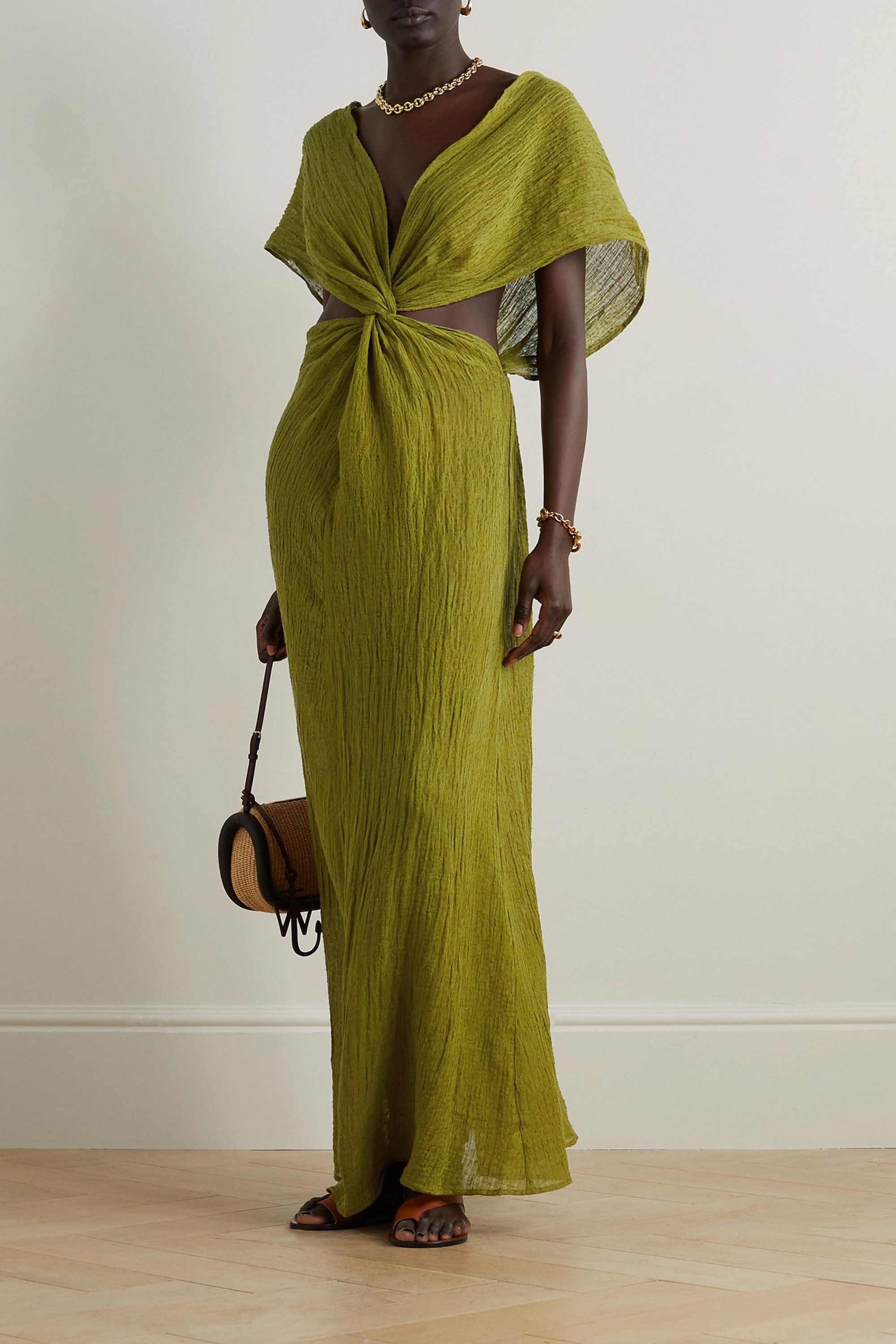 Savannah Morrow Fiori twist-front cutout linen and cotton-blend gauze maxi dress
