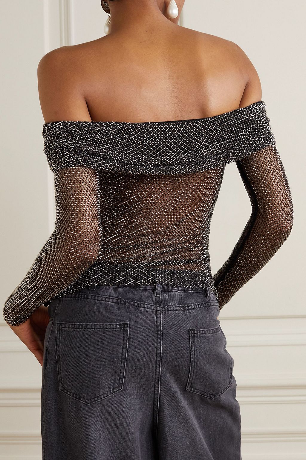 SELF-PORTRAIT Off-the-shoulder crystal-embellished mesh top