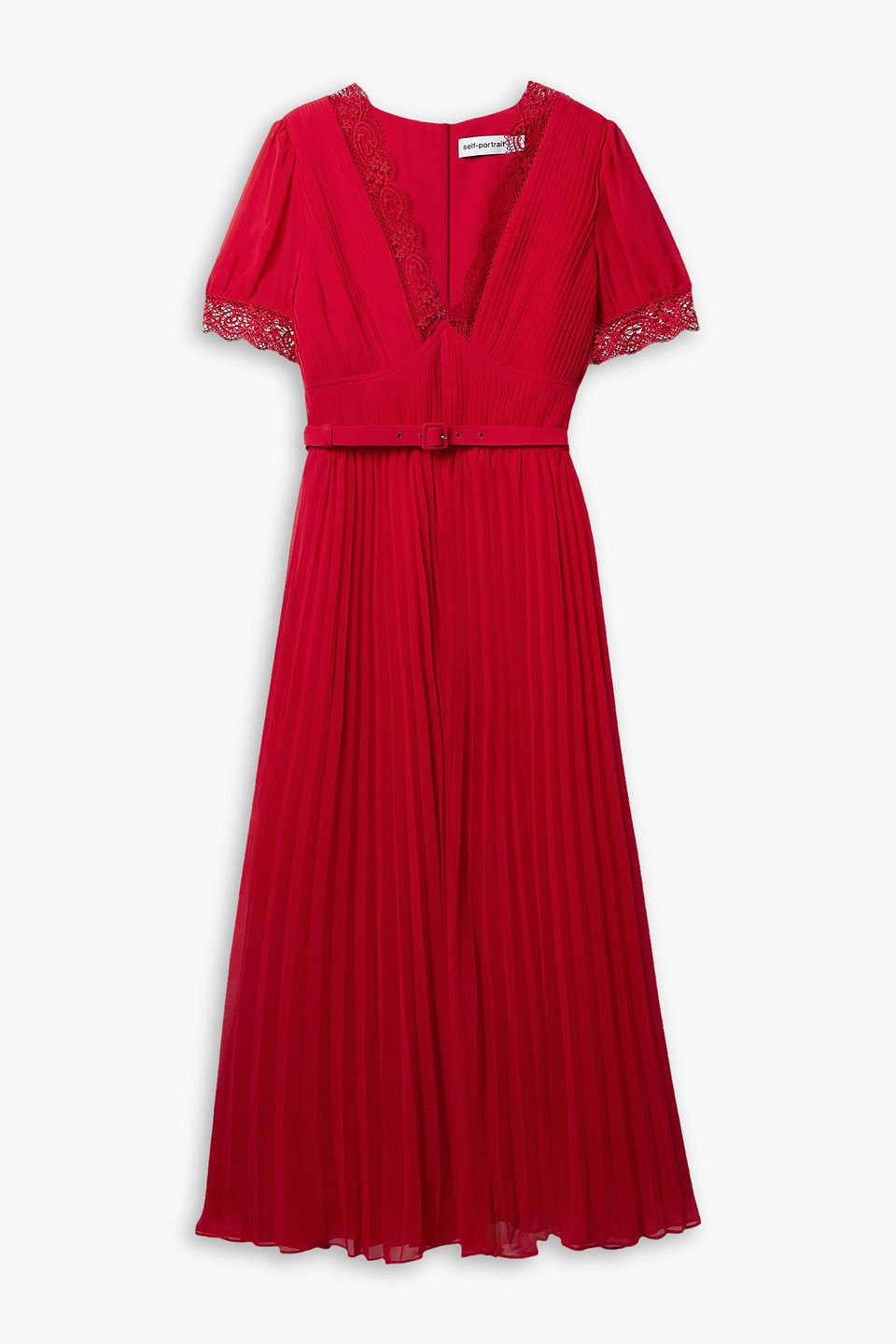 Self-portrait Belted Lace-trimmed Pleated Chiffon Midi Dress In Red |  ModeSens