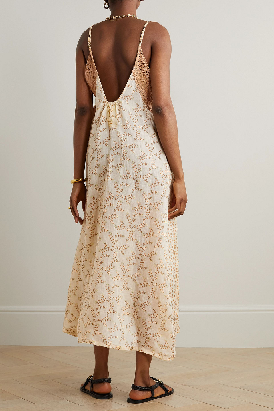 Yvonne S Lace-trimmed Floral-print Linen Midi Dress In Beige