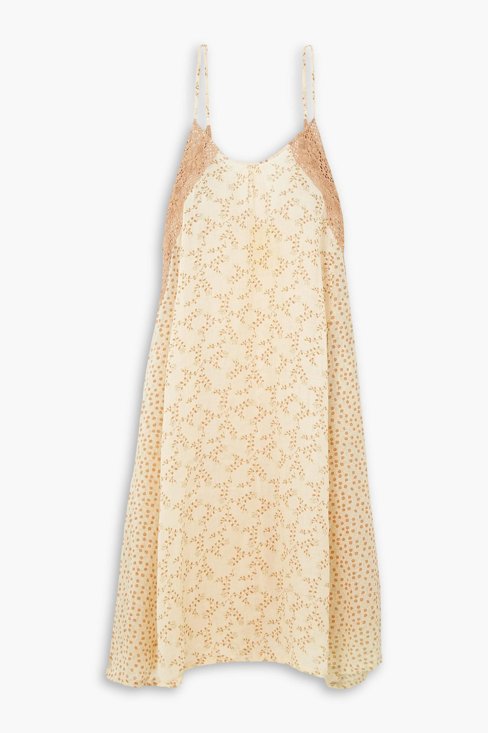 Yvonne S Lace-trimmed Floral-print Linen Midi Dress In Beige