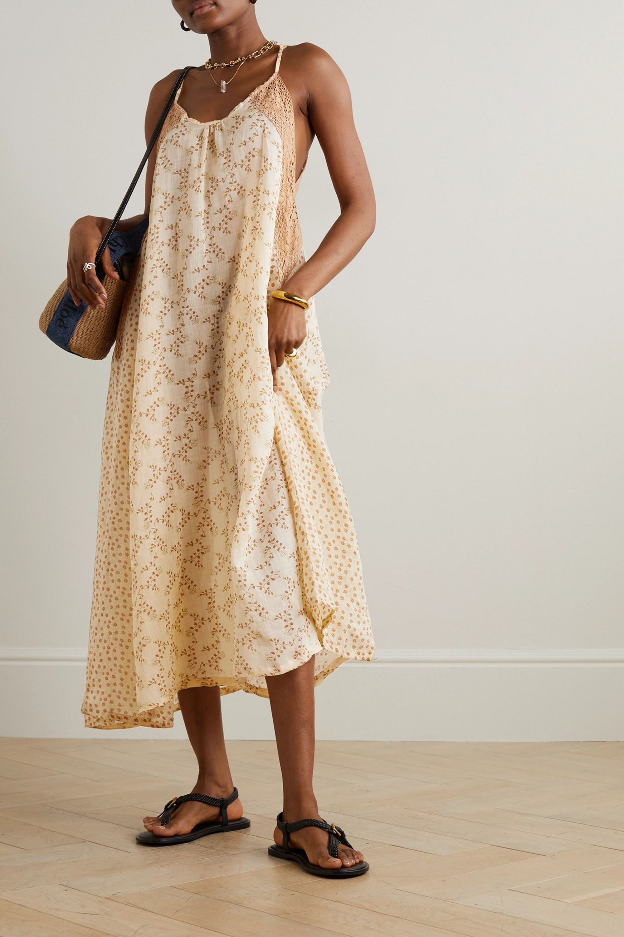 Yvonne S Lace-trimmed floral-print linen midi dress