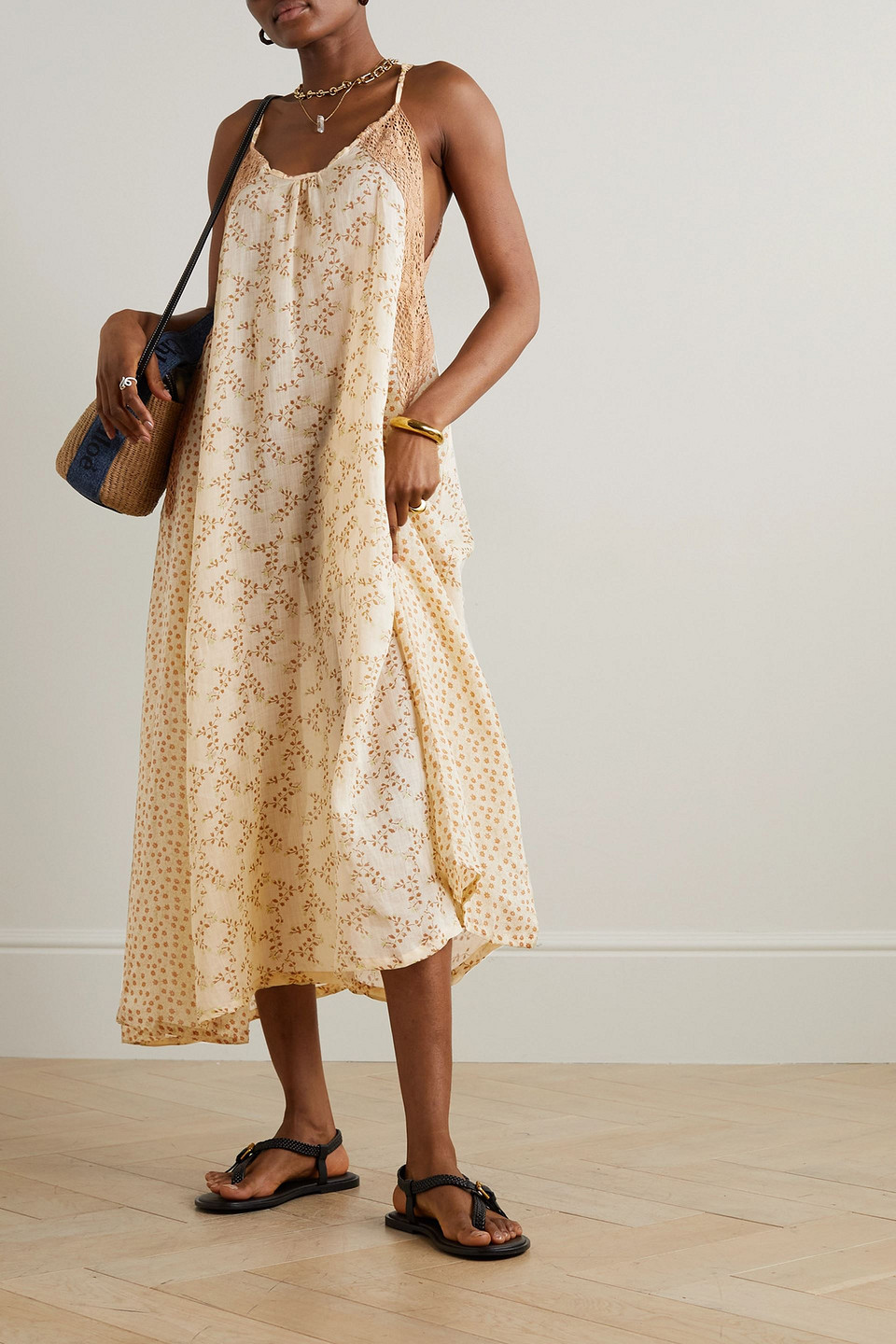 Yvonne S Lace-trimmed Floral-print Linen Midi Dress In Beige