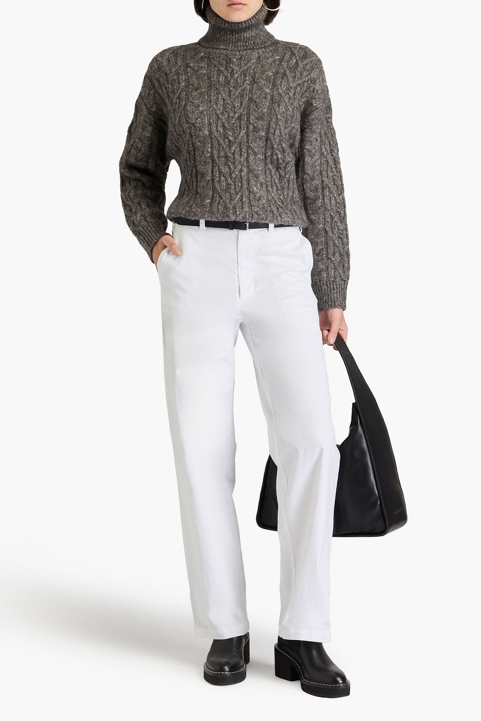 Nili Lotan Cable-knit Alpaca, Cotton And Wool-blend Turtleneck Sweater In Dark Gray