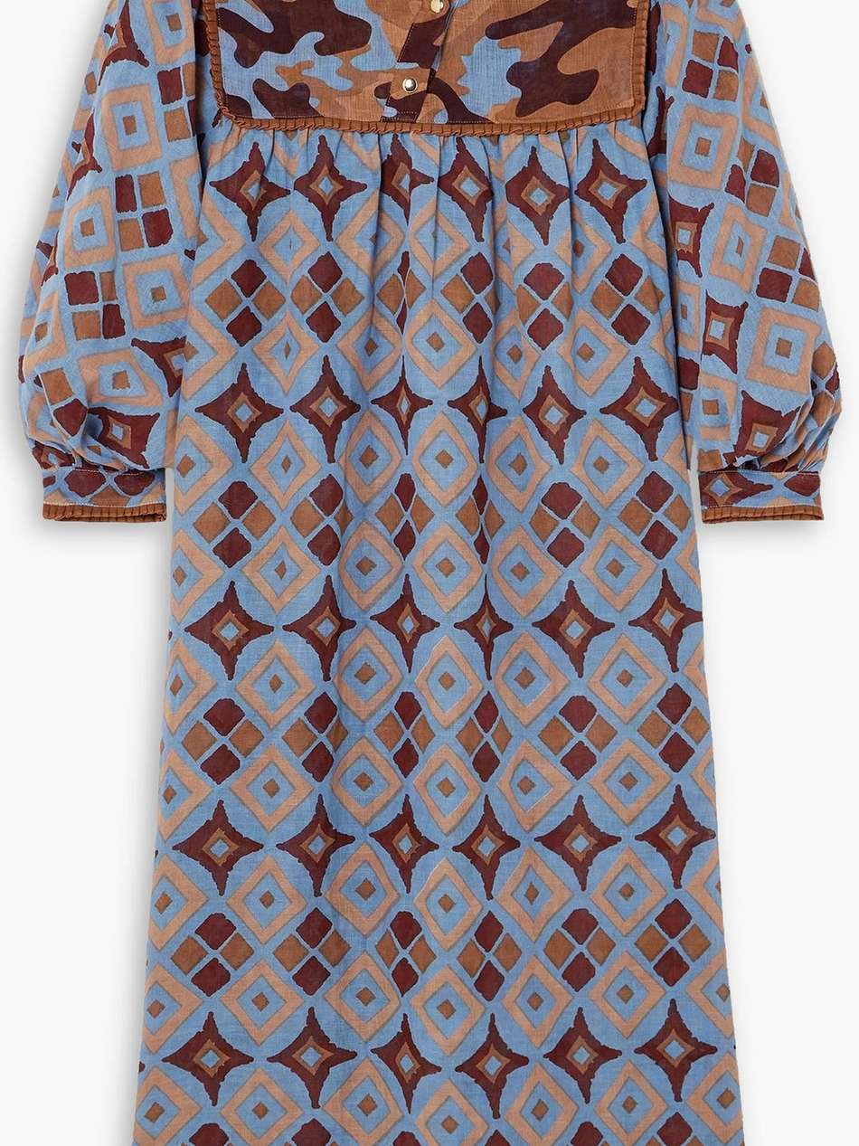 paneled printed linen midi dress