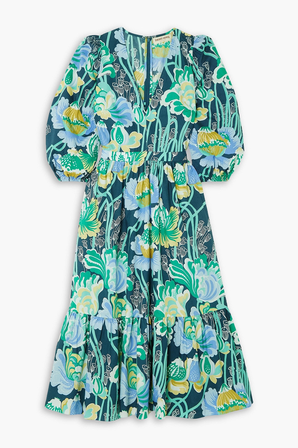 Emporio Sirenuse Loretta Tiered Floral-print Cotton-poplin Midi Dress In Petrol