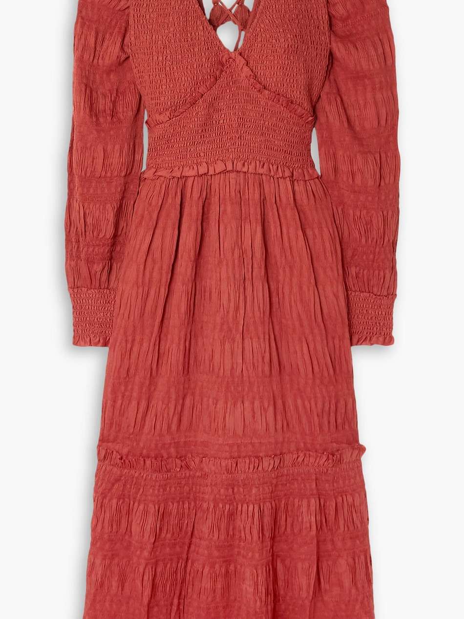 pasha pleated smocked crepe midi dress