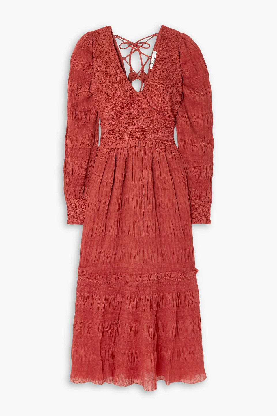 Sea Pasha Pleated Smocked Crepe Midi Dress In Brick