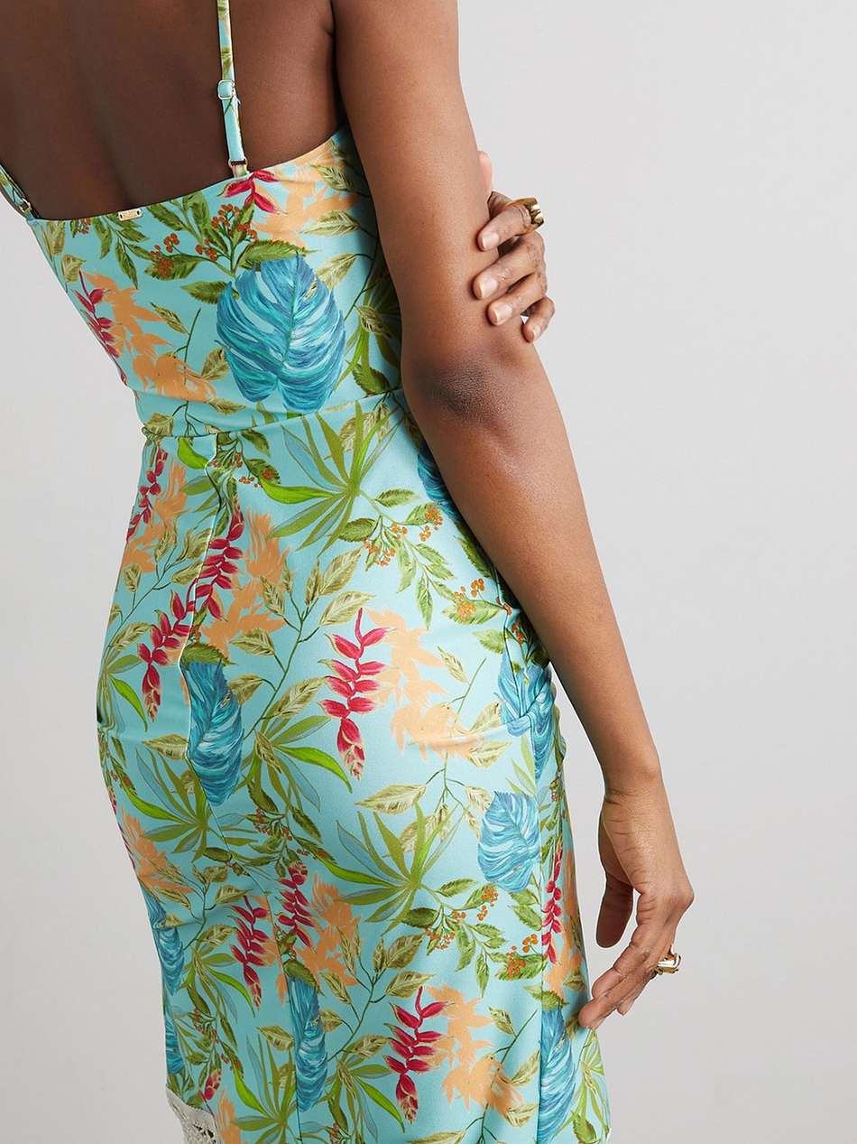 tropicalia crochet-trimmed printed stretch-velvet midi dress