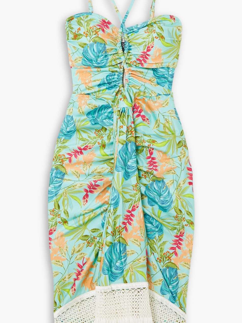 tropicalia crochet-trimmed printed stretch-velvet midi dress
