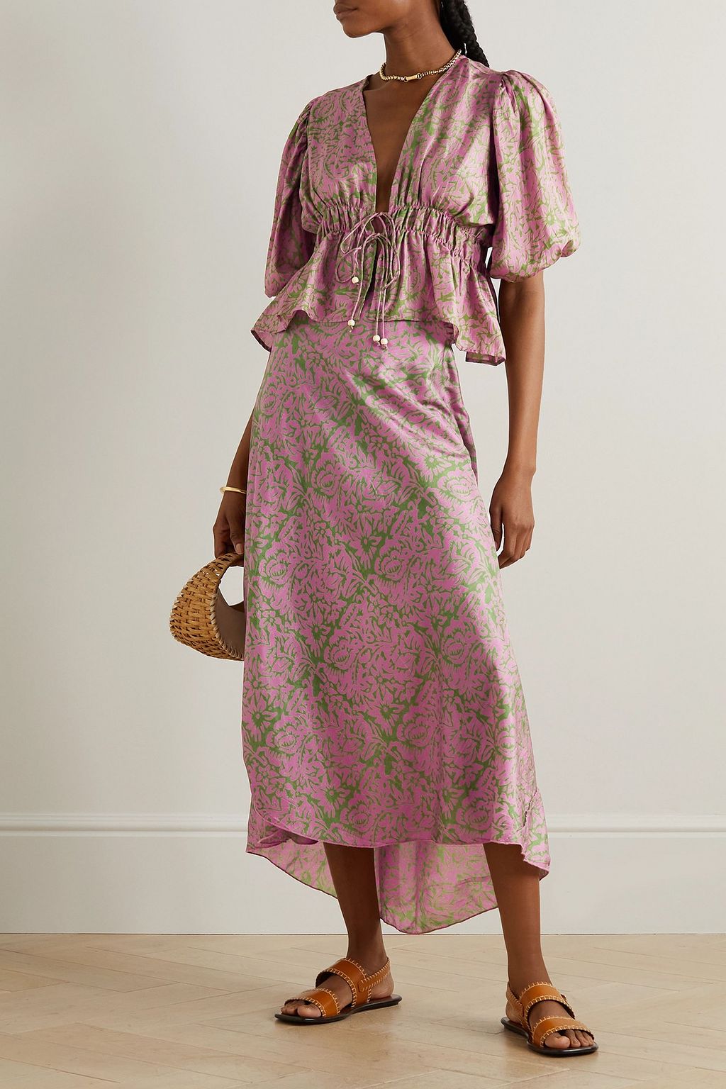HANNAH Maia floral-print silk-habotai wrap skirt