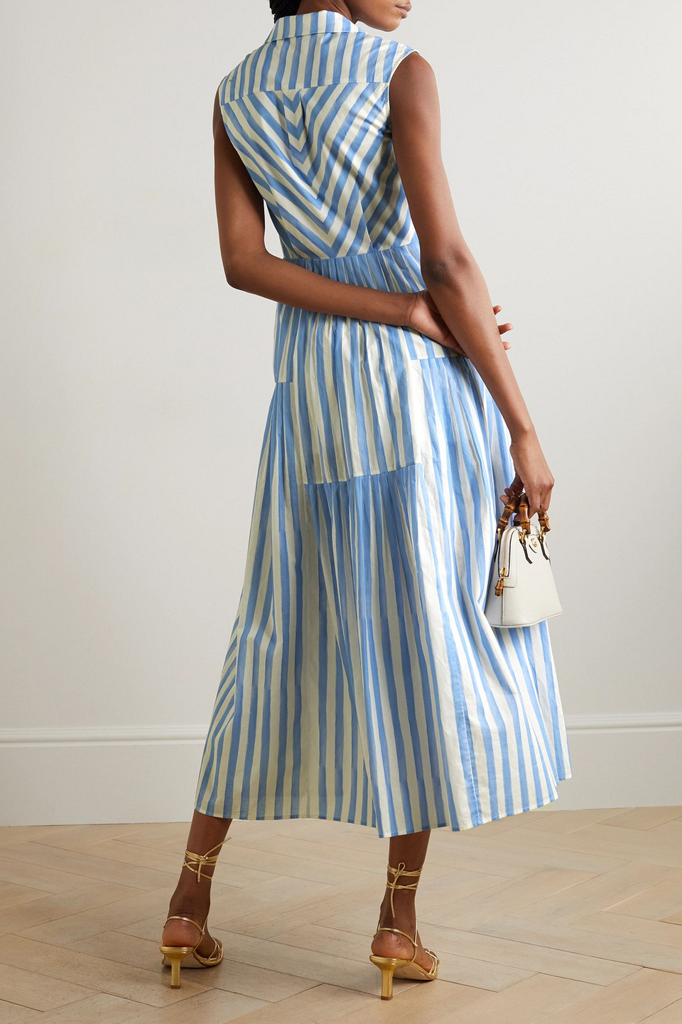 SALONI ARYA TIERED PLEATED STRIPED COTTON-POPLIN MIDI DRESS