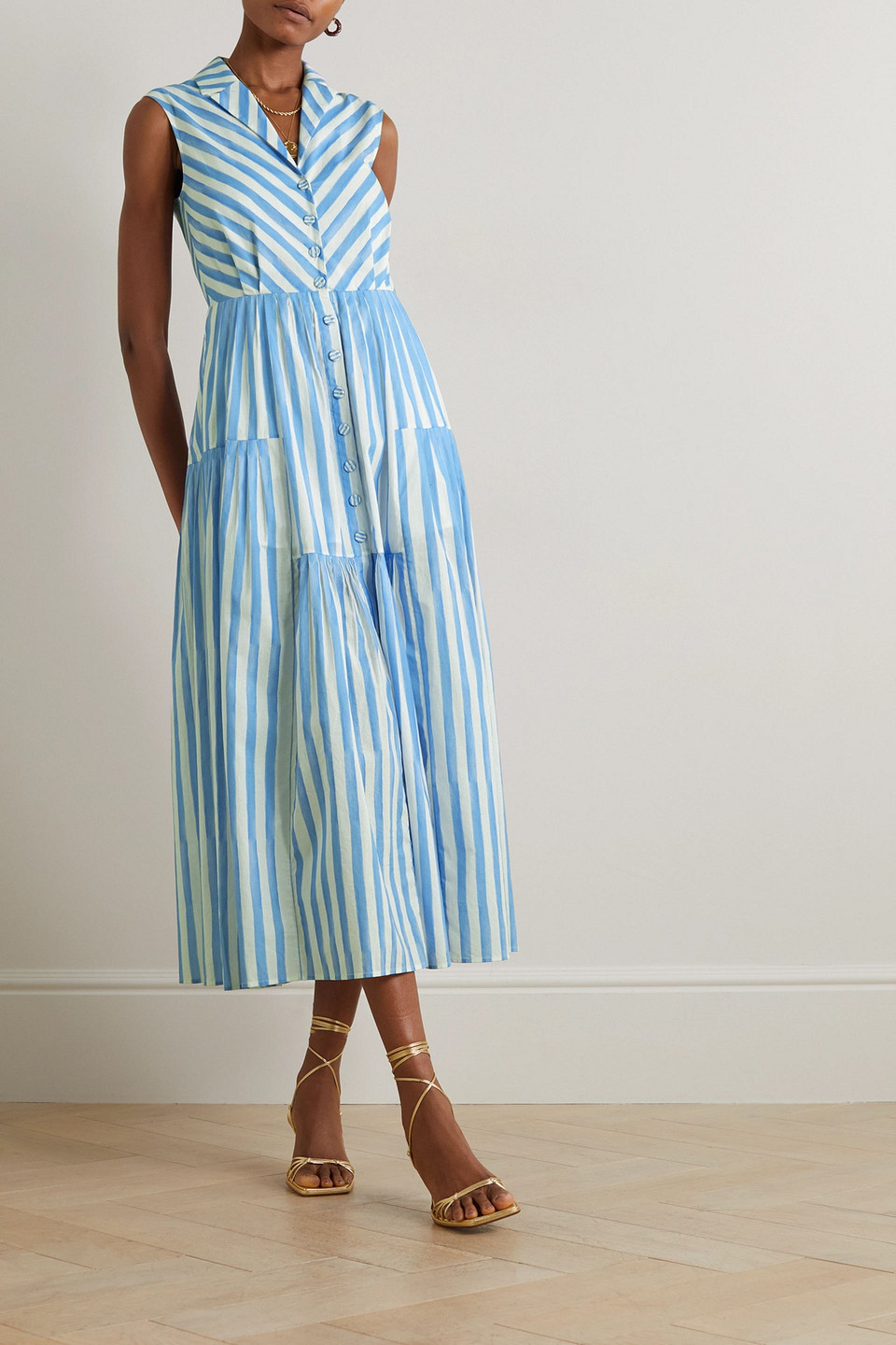 SALONI ARYA TIERED PLEATED STRIPED COTTON-POPLIN MIDI DRESS