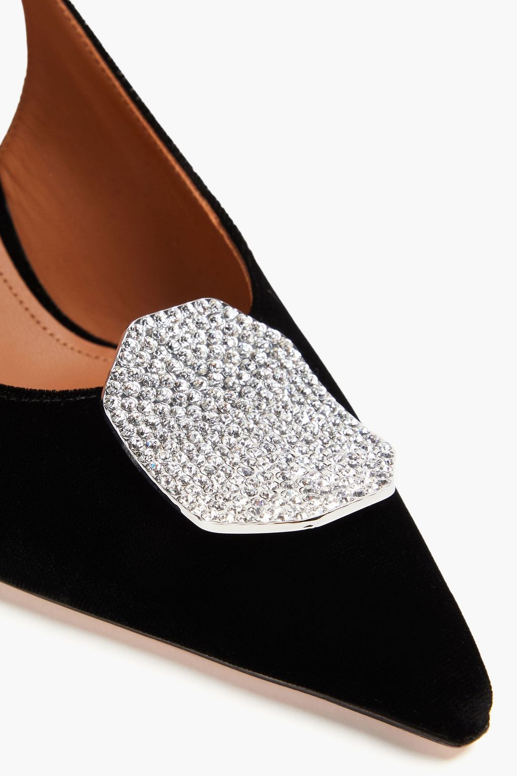 MALONE SOULIERS حذاء بكعب عالٍ من المخمل مزود بحزام كاحل ومزيّن بزخارف