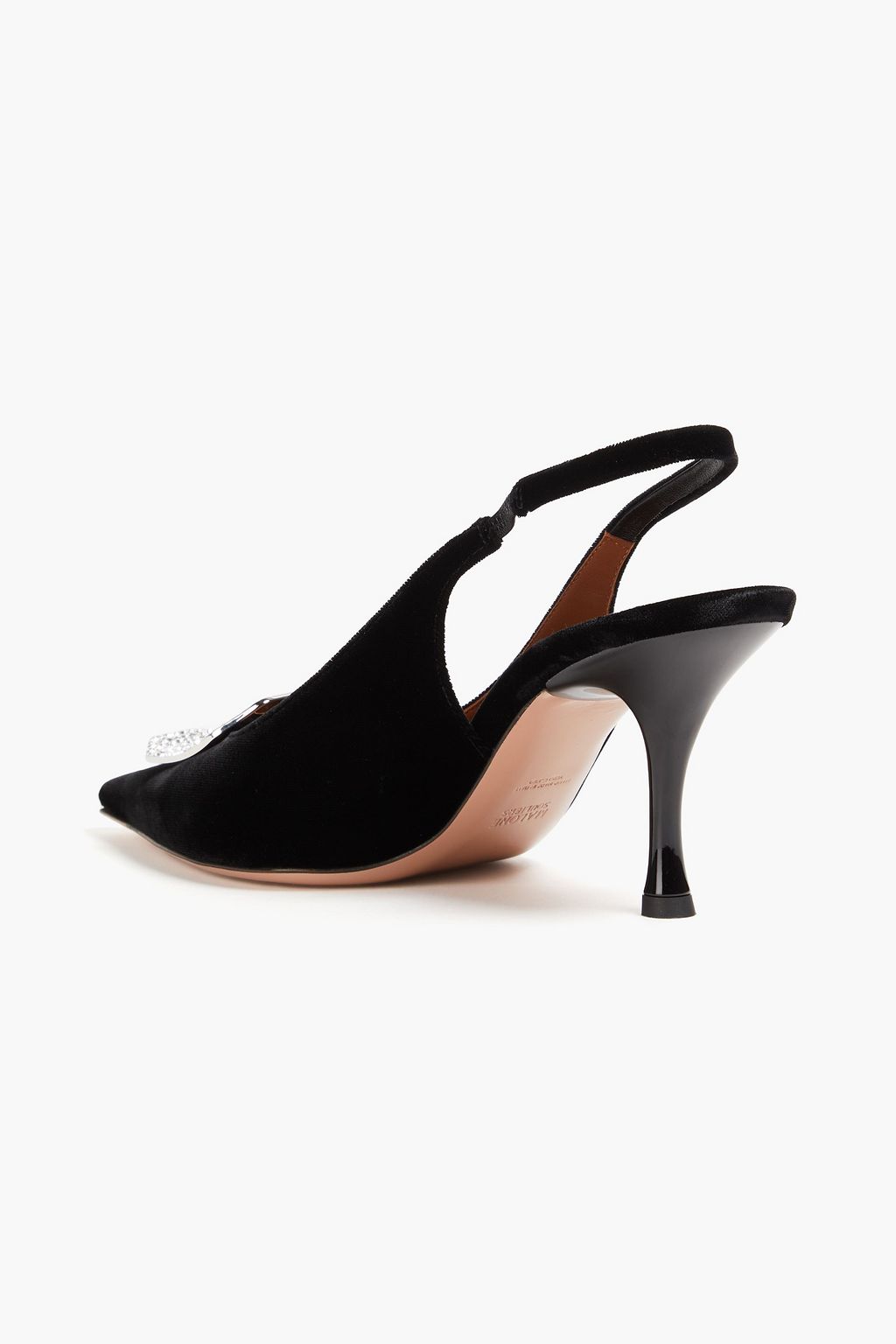 MALONE SOULIERS حذاء بكعب عالٍ من المخمل مزود بحزام كاحل ومزيّن بزخارف