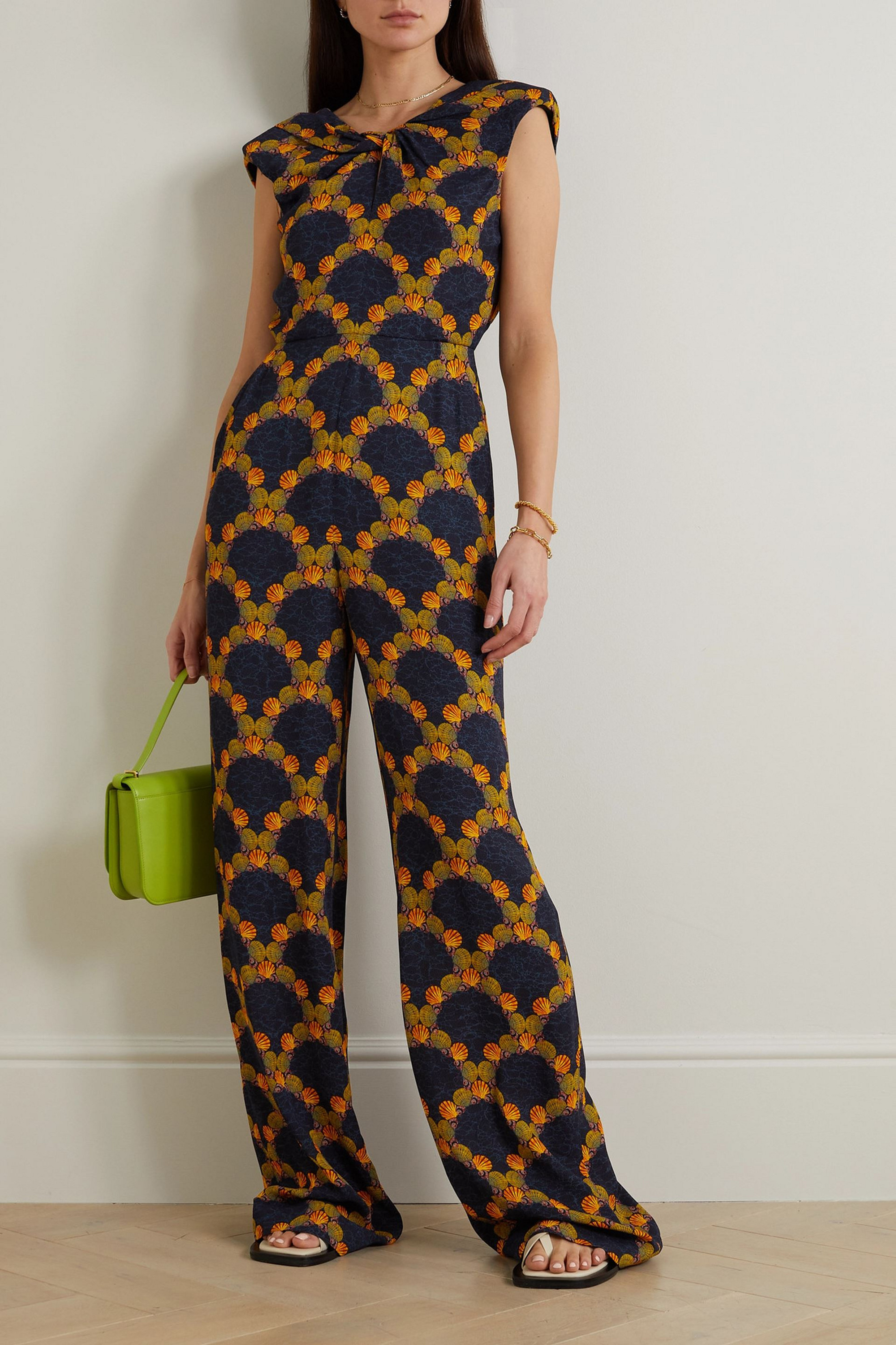 Saloni Claudia twist-front printed crepe wide-leg jumpsuit