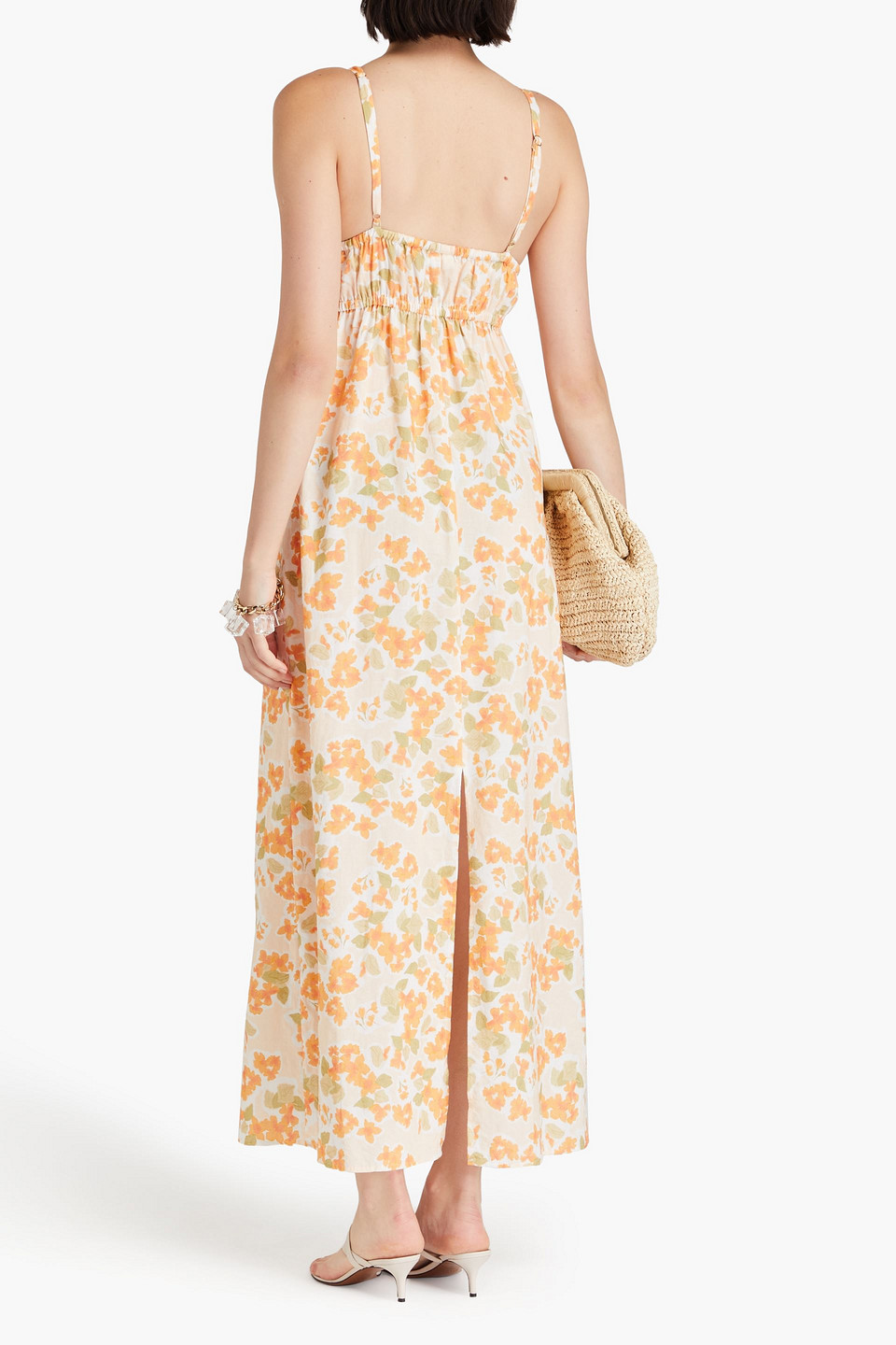 Peony Swimwear Vacation Floral-print Cotton And Ecovero™-blend Maxi Dress In Pastel Orange