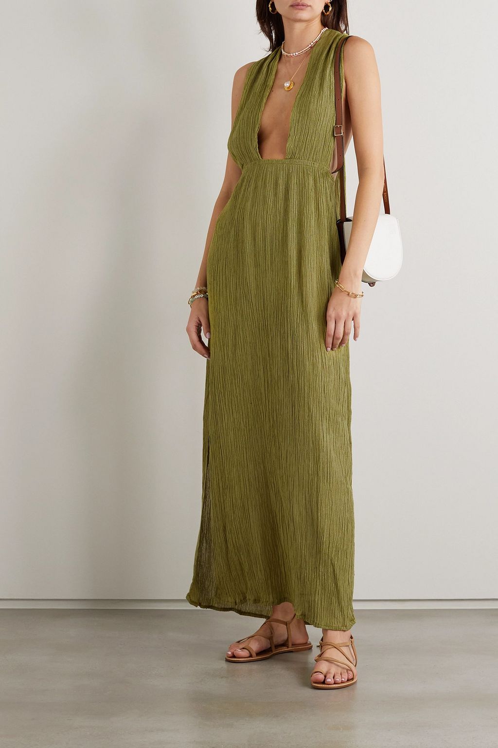 SAVANNAH MORROW Verita open-back crinkled silk and bamboo-blend halterneck maxi dress