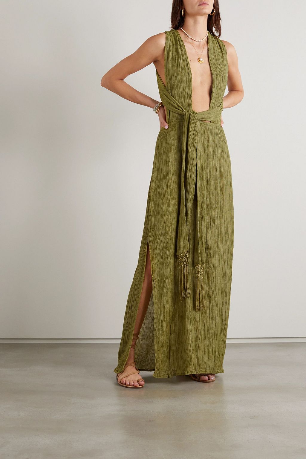 SAVANNAH MORROW Verita open-back crinkled silk and bamboo-blend halterneck maxi dress