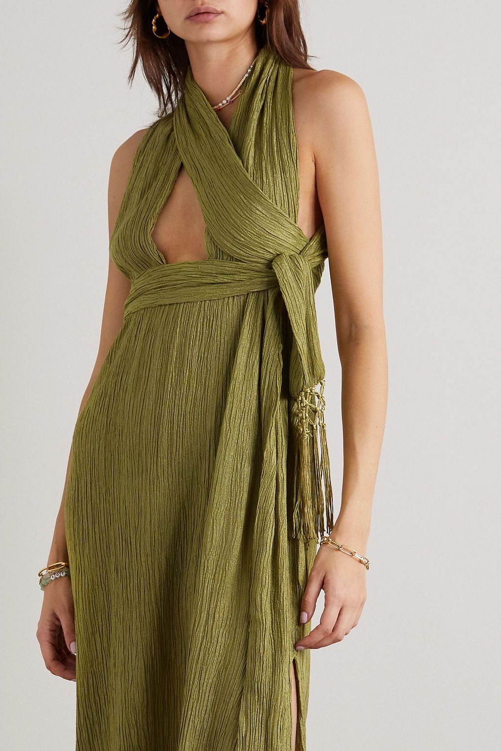 SAVANNAH MORROW Verita open-back crinkled silk and bamboo-blend halterneck maxi dress