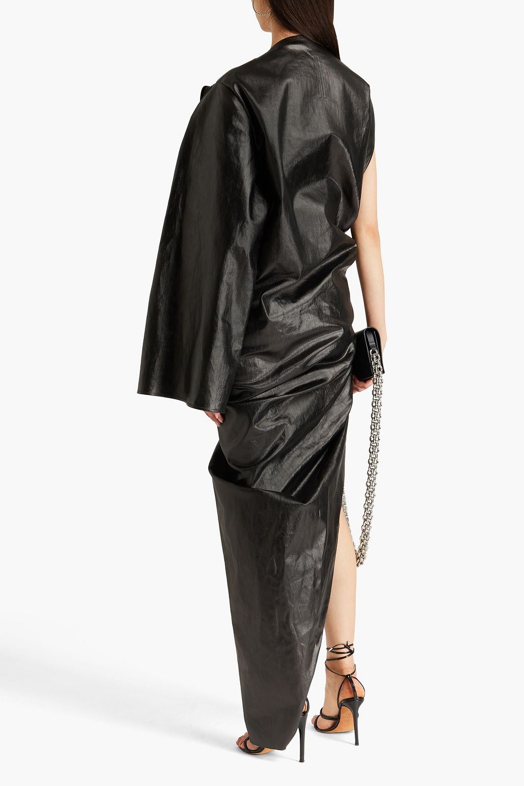 RICK OWENS One-sleeve asymmetric coated denim gown