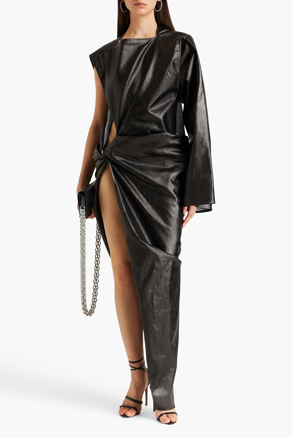 RICK OWENS One-sleeve asymmetric coated denim gown
