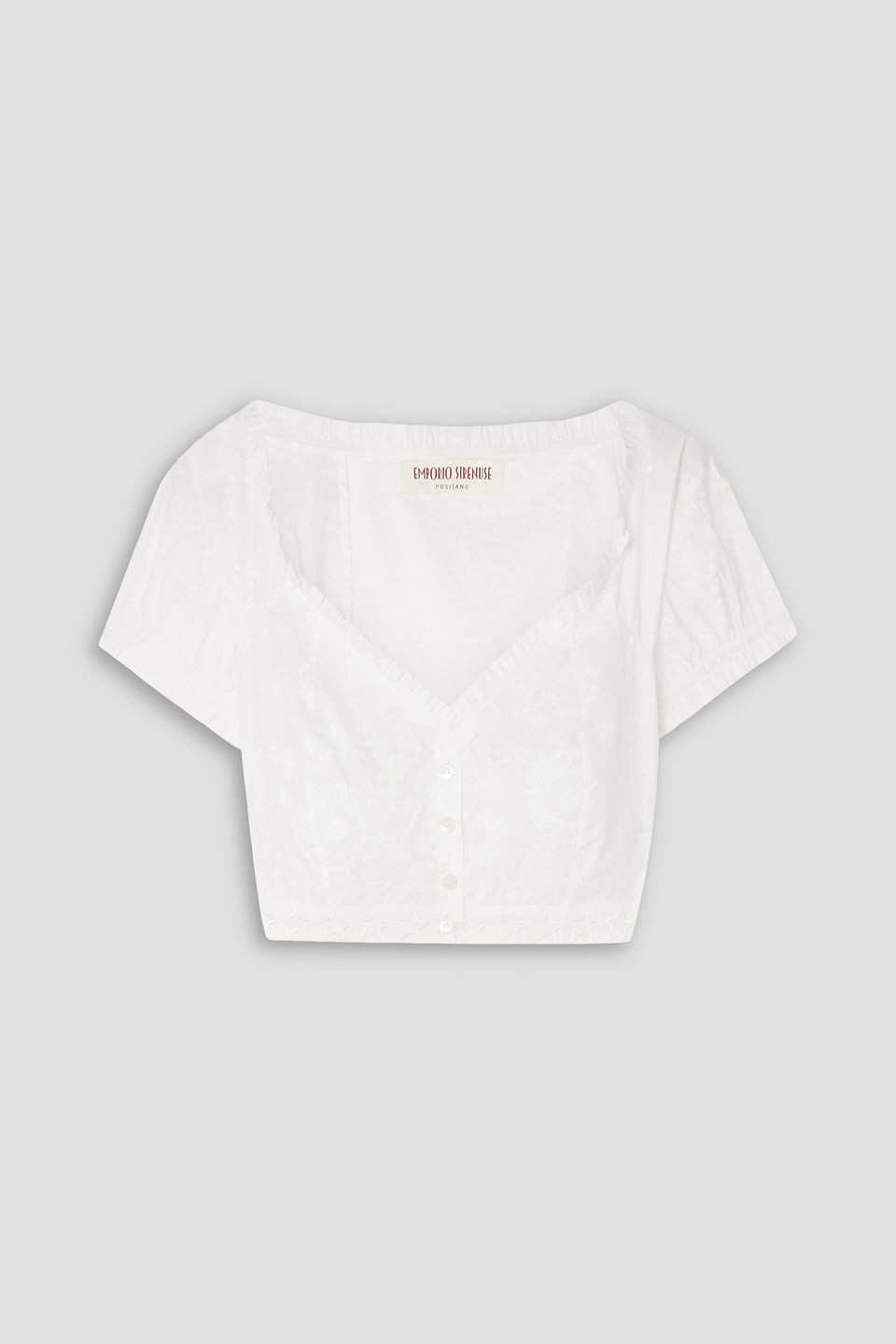 Emporio Sirenuse Violante Cropped Ruffled Printed Cotton-poplin Top In White