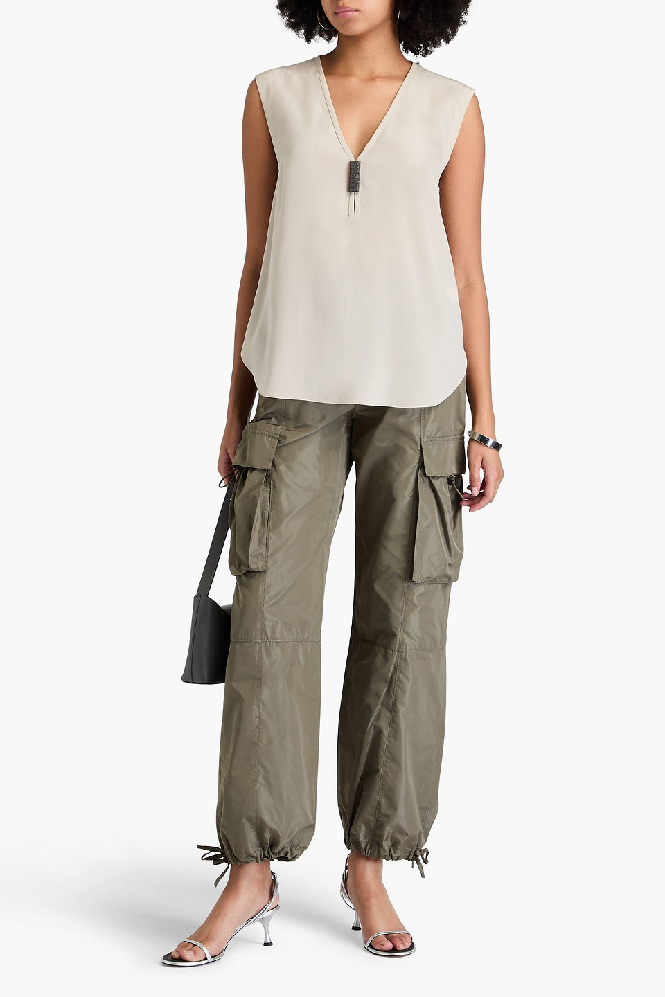 Brunello Cucinelli Bead-embellished Silk Crepe De Chine Top In Beige