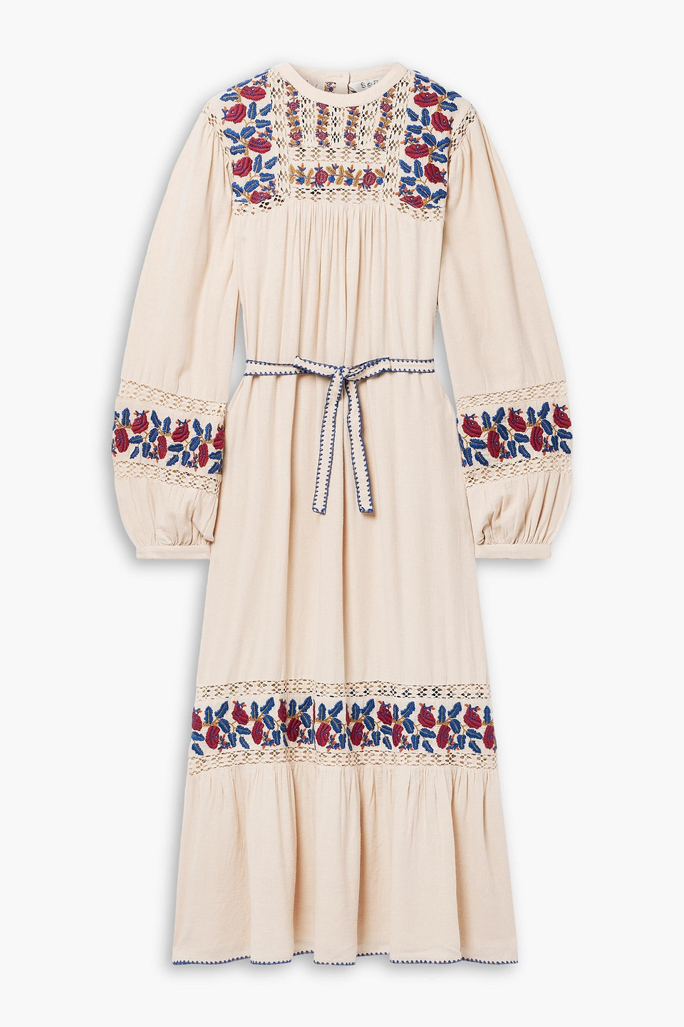 Sea Nan Belted Crochet-trimmed Embroidered Silk-voile Midi Dress In Neutral