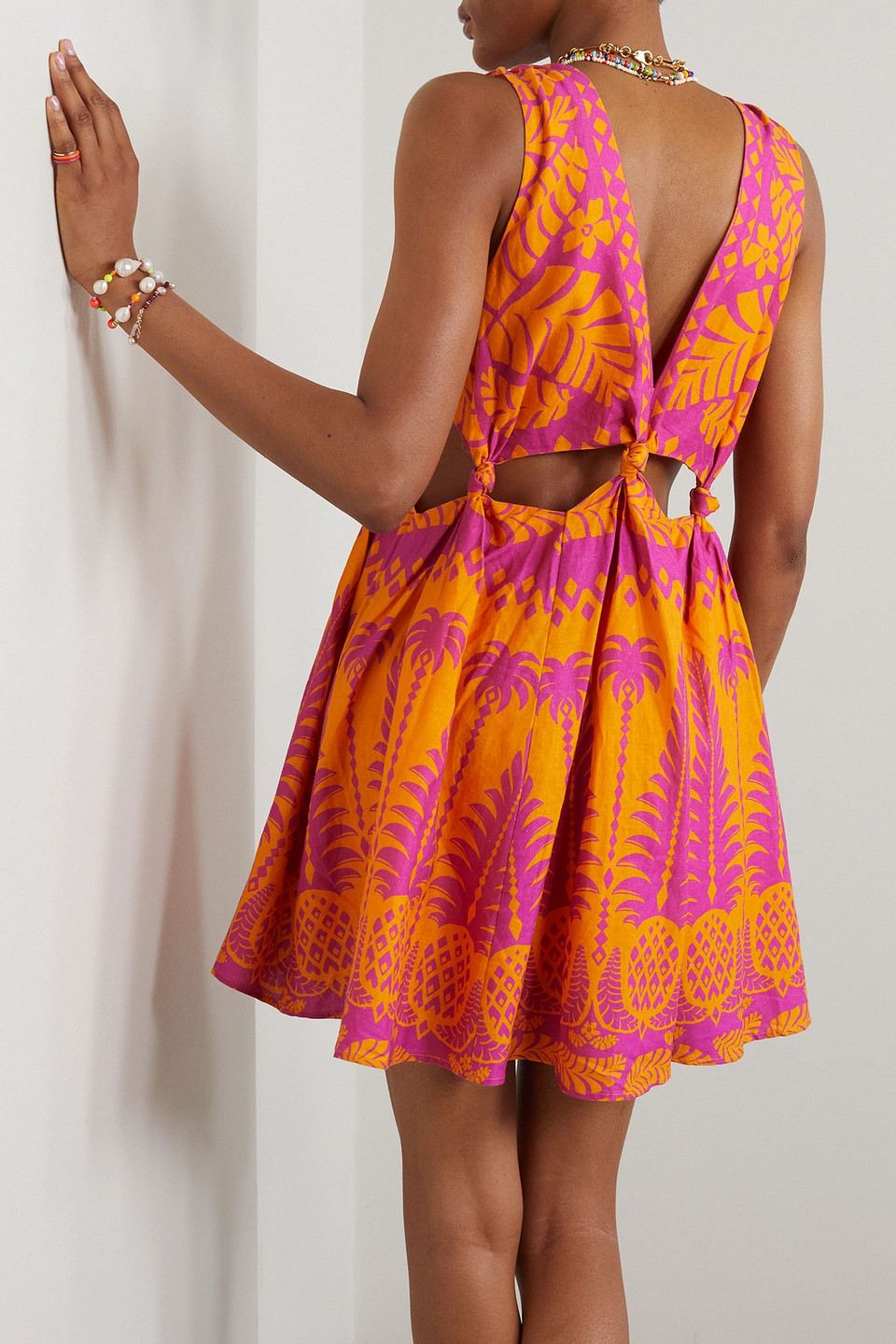 FARM RIO CUTOUT PRINTED LINEN-BLEND MINI DRESS