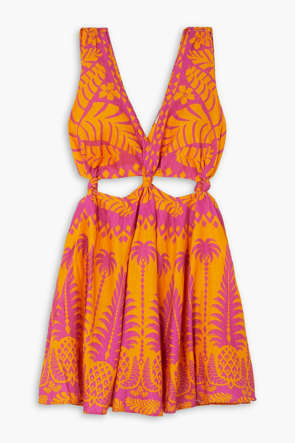 FARM RIO CUTOUT PRINTED LINEN-BLEND MINI DRESS